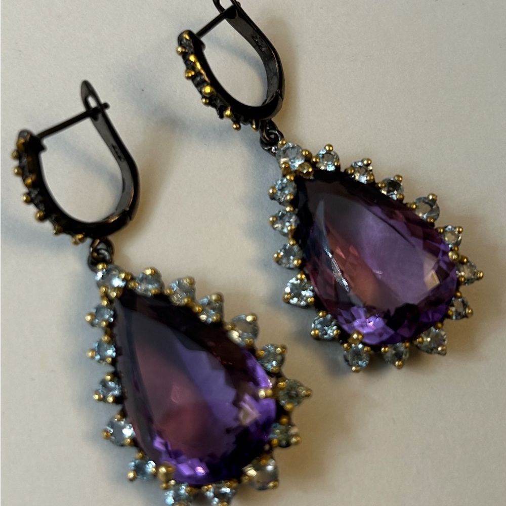 Exceptional Genuine  AAA+ Royal Purple Amethyst & Aquamarine Earrings - Picture 12 of 12